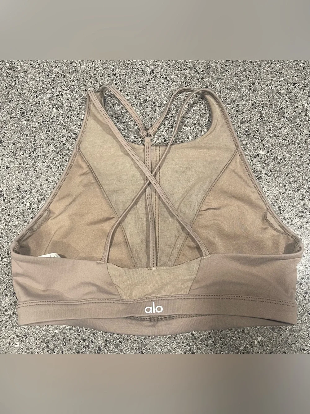 Alo YOGA Empower High Neck Mesh Yoga Bra In Gravel Sz-Medium- Women